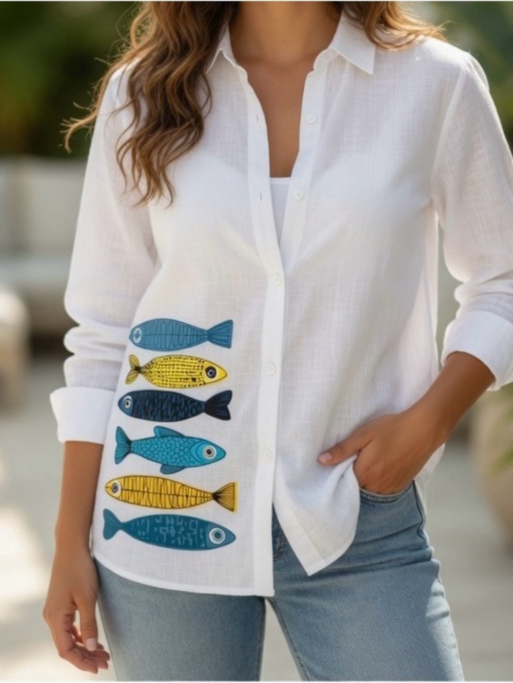 White Button-Up Shirt with Colorful Fish Motif Small NWOT